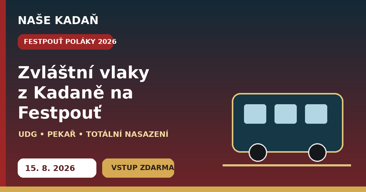 Redakční grafika Naše Kadaň k článku Na Festpouť v Polákách pojedou zvláštní vlaky z Kadaně. Zahrají UDG, Pekař i Totální nasazení