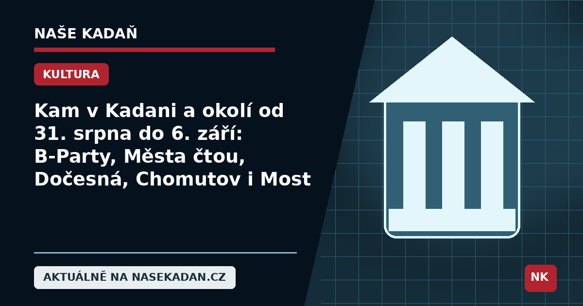 Redakční grafika Naše Kadaň k článku Kam v Kadani a okolí od 31. srpna do 6. září: B-Party, Města čtou, Dočesná, Chomutov i Most