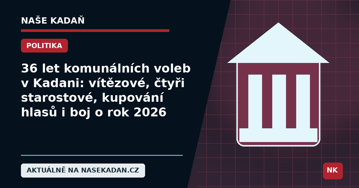Redakční grafika Naše Kadaň k článku 36 let komunálních voleb v Kadani: vítězové, čtyři starostové, kupování hlasů i boj o rok 2026