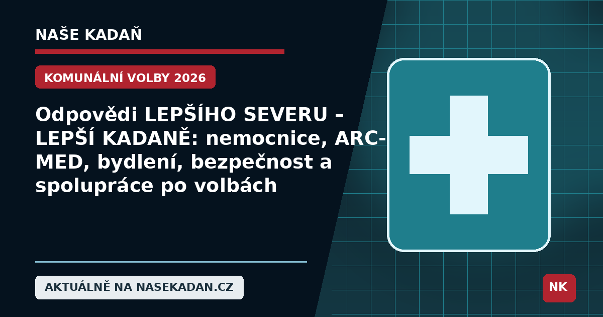 Redakční grafika Naše Kadaň k článku Odpovědi LEPŠÍHO SEVERU – LEPŠÍ KADANĚ: nemocnice, ARC-MED, bydlení, bezpečnost a spolupráce po volbách